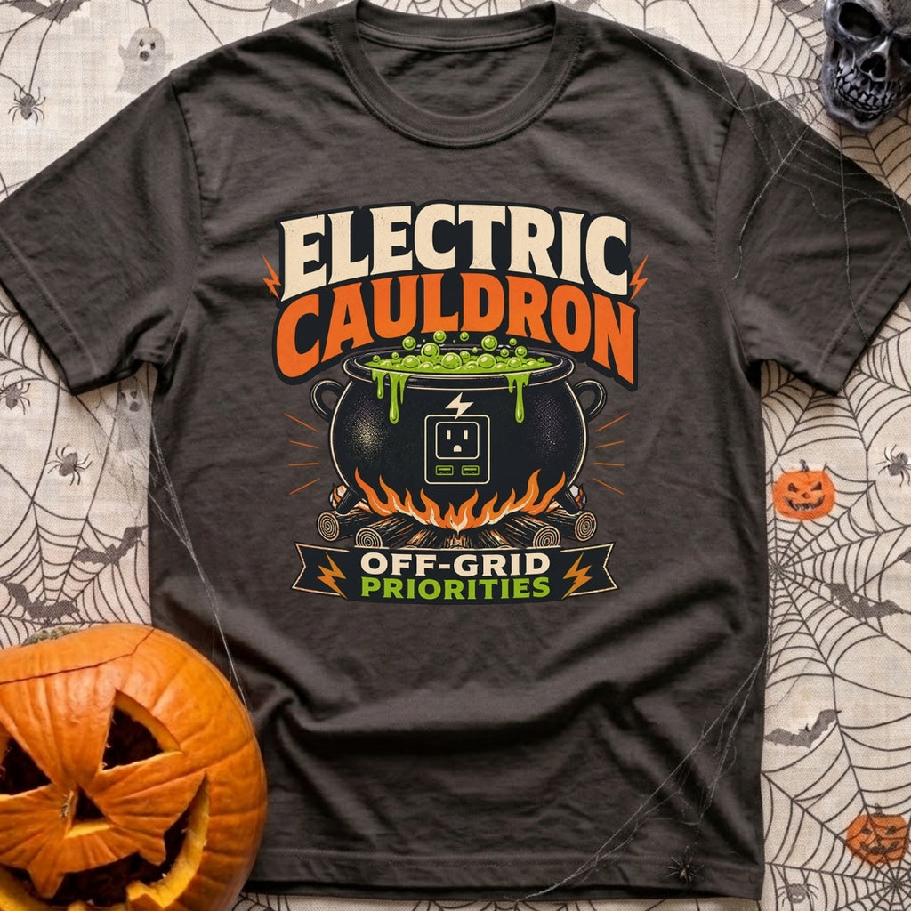 Electric Cauldron Priorities - T-Shirt in Graphite - An illustration of a black cauldron sitting over a wood campfire,...