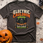 Electric Cauldron Priorities - T-Shirt in Graphite - An illustration of a black cauldron sitting over a wood campfire,...