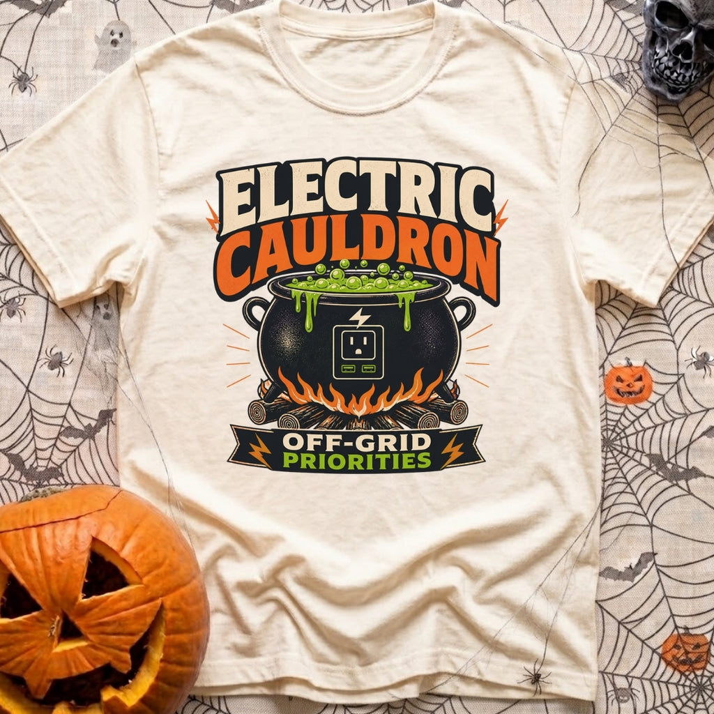 Electric Cauldron Priorities - T-Shirt in Ivory - An illustration of a black cauldron sitting over a wood campfire,...
