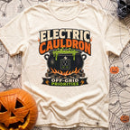 Electric Cauldron Priorities - T-Shirt in Ivory - An illustration of a black cauldron sitting over a wood campfire,...