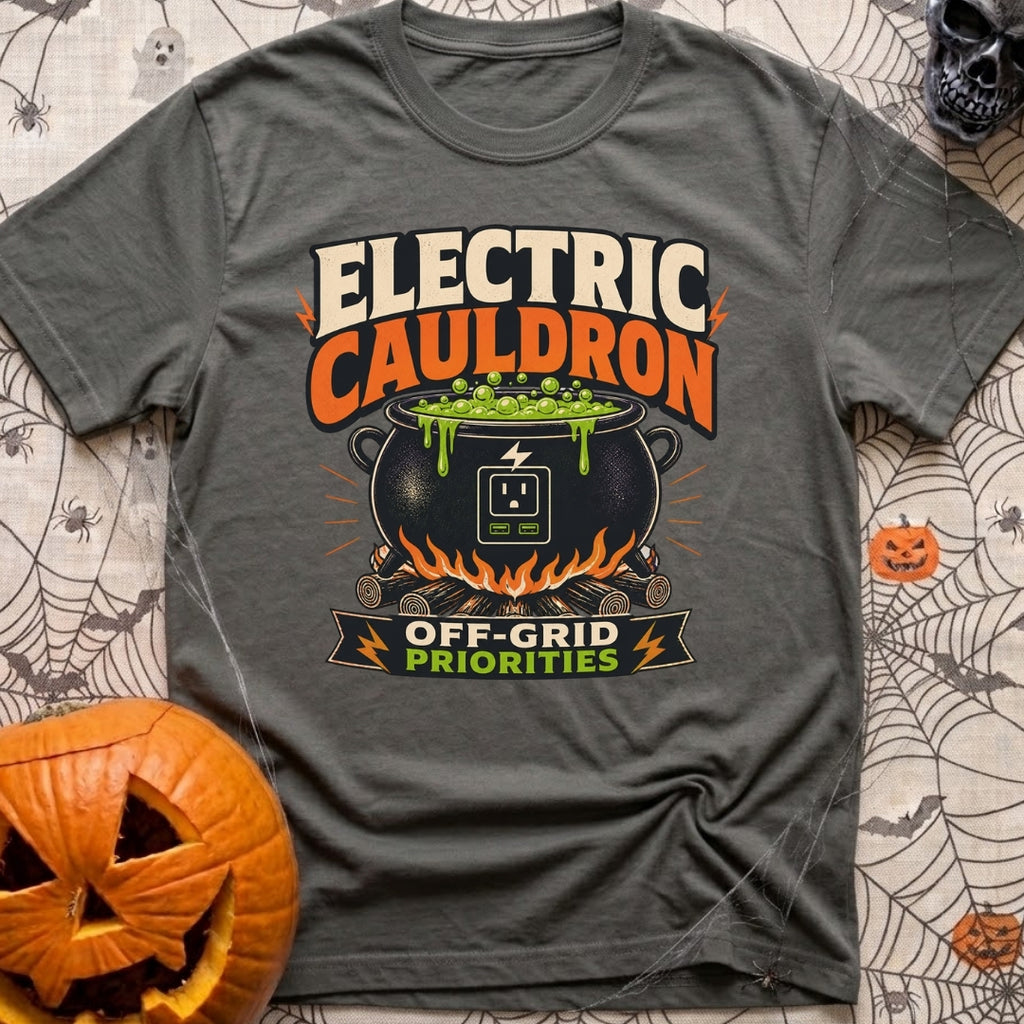 Electric Cauldron Priorities - T-Shirt in Pepper - An illustration of a black cauldron sitting over a wood campfire,...