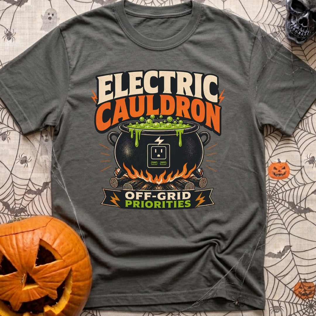 Electric Cauldron Priorities - T-Shirt in Pepper - An illustration of a black cauldron sitting over a wood campfire,...