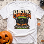 Electric Cauldron Priorities - T-Shirt in White - An illustration of a black cauldron sitting over a wood campfire,...