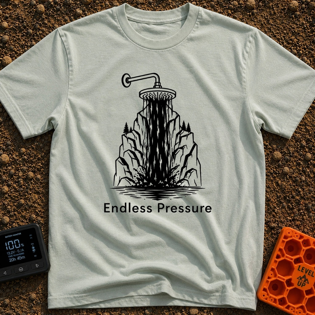 Nature's Shower Power - T-Shirt in Bay - A black and white illustration of a showerhead pouring water that visually...