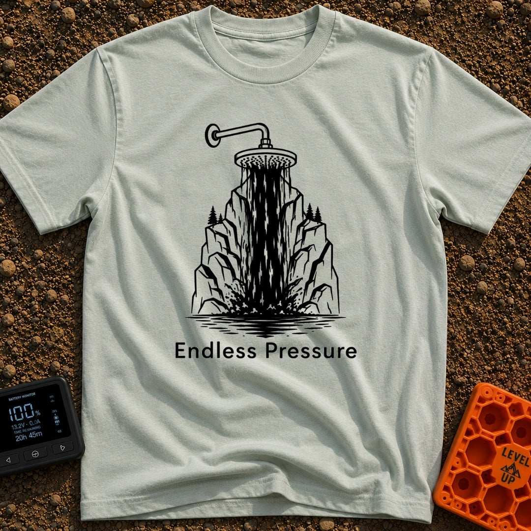 Nature's Shower Power - T-Shirt in Bay - A black and white illustration of a showerhead pouring water that visually...