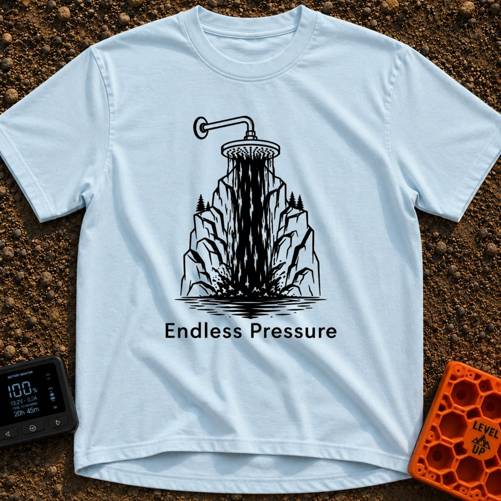 Nature's Shower Power - T-Shirt in Chambray - A black and white illustration of a showerhead pouring water that visually...