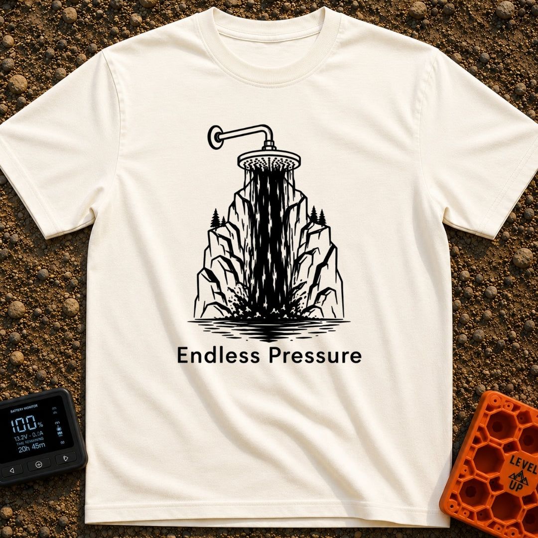 Nature's Shower Power - T-Shirt in Ivory - A black and white illustration of a showerhead pouring water that visually...