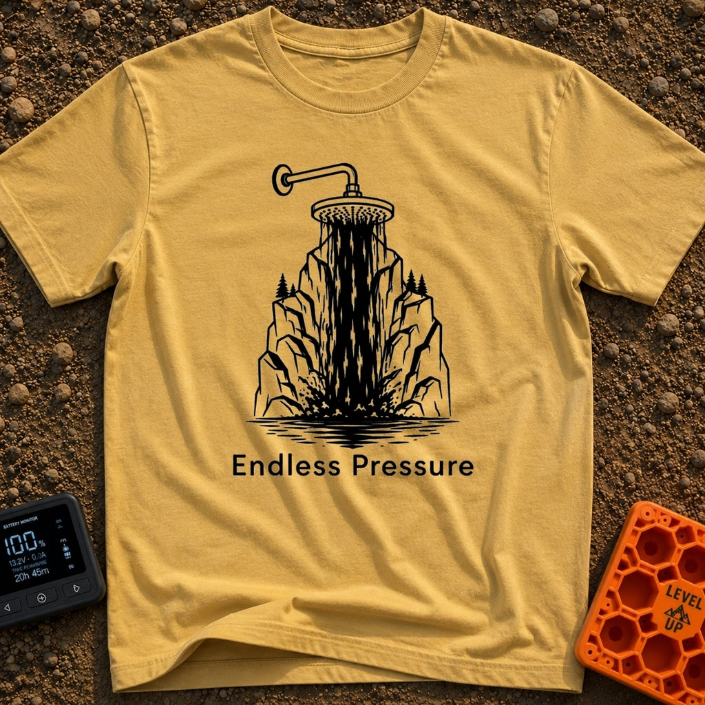 Nature's Shower Power - T-Shirt in Mustard - A black and white illustration of a showerhead pouring water that visually...
