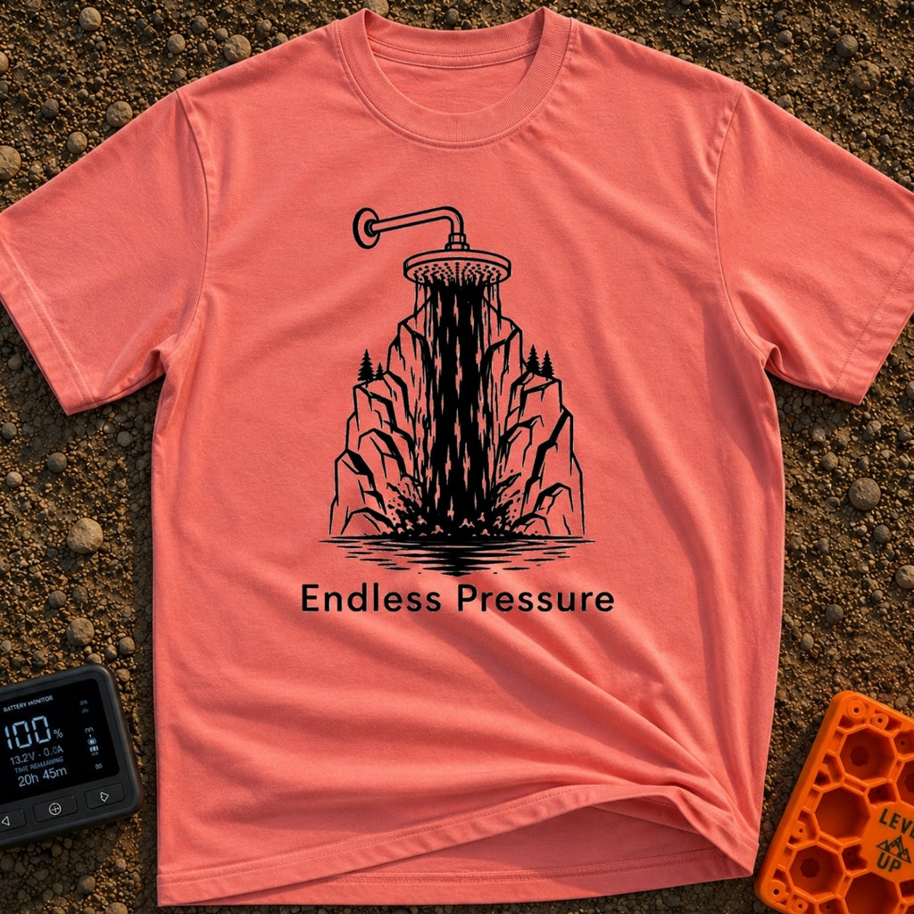 Nature's Shower Power - T-Shirt in Watermelon - A black and white illustration of a showerhead pouring water that...