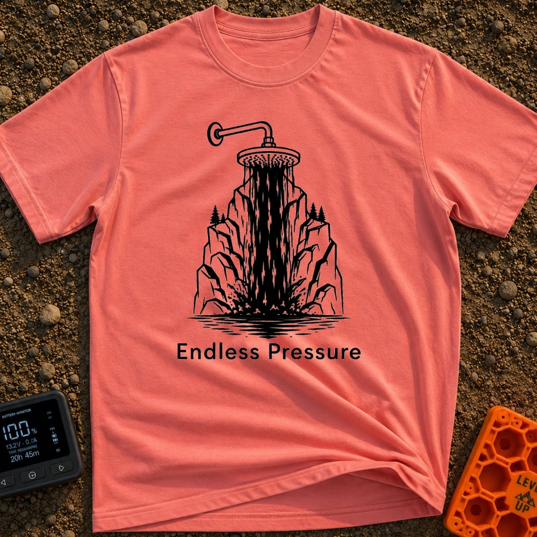 Nature's Shower Power - T-Shirt in Watermelon - A black and white illustration of a showerhead pouring water that...