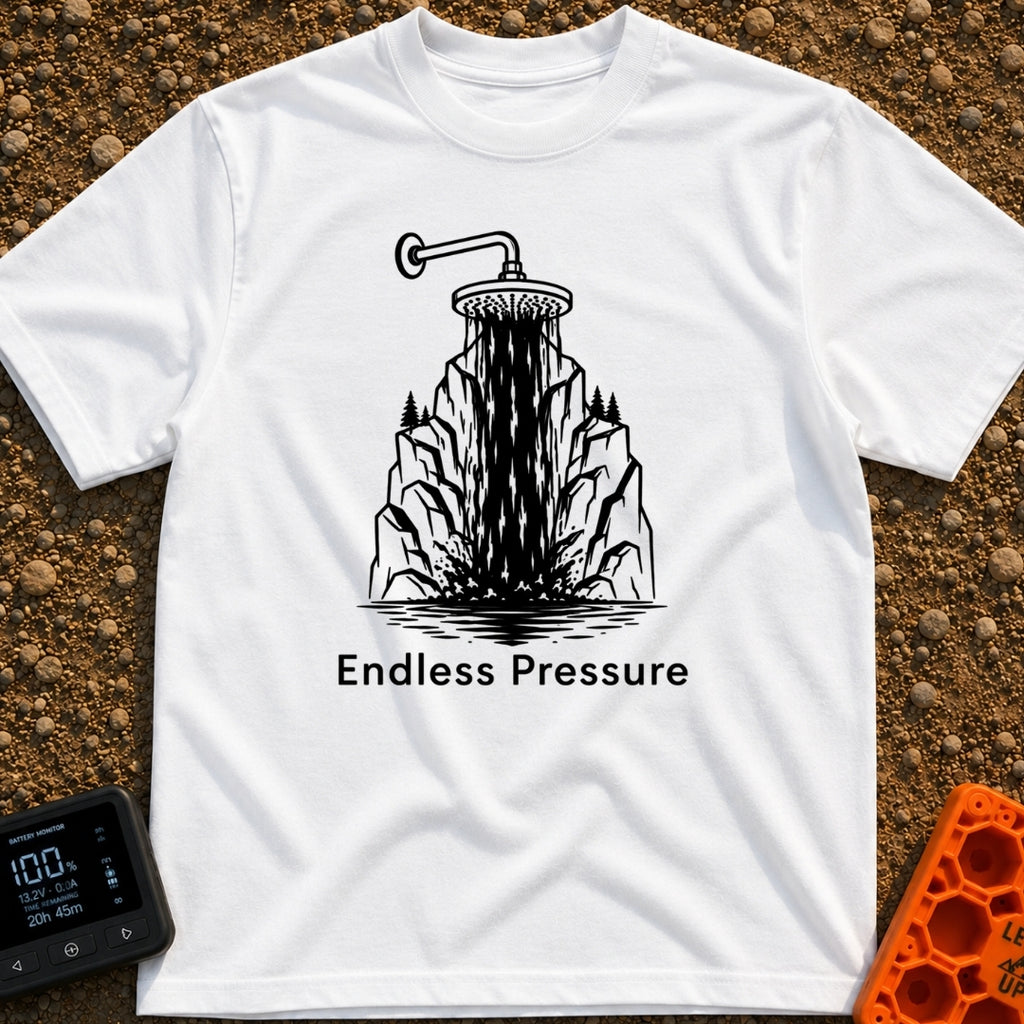 Nature's Shower Power - T-Shirt in White - A black and white illustration of a showerhead pouring water that visually...