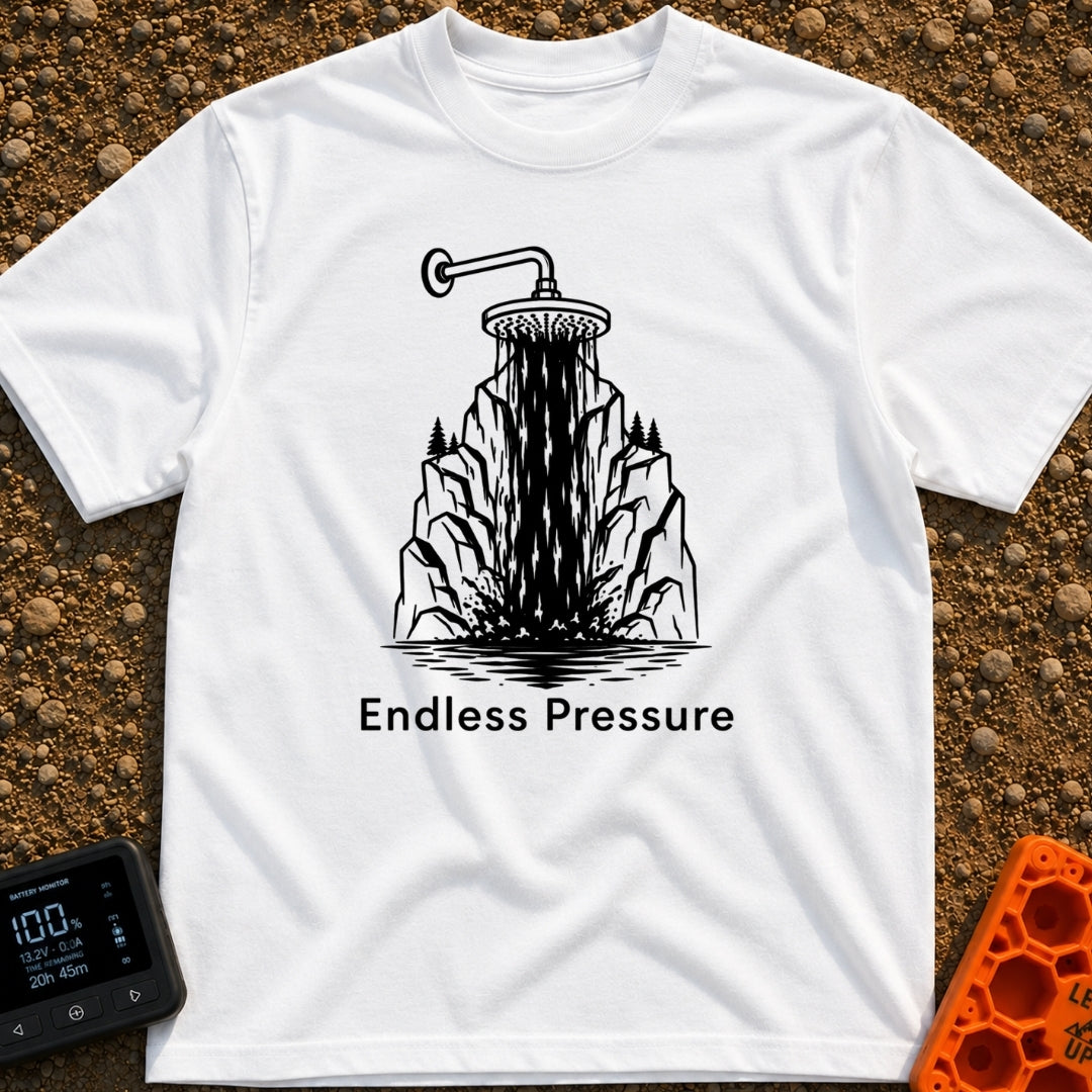 Nature's Shower Power - T-Shirt in White - A black and white illustration of a showerhead pouring water that visually...