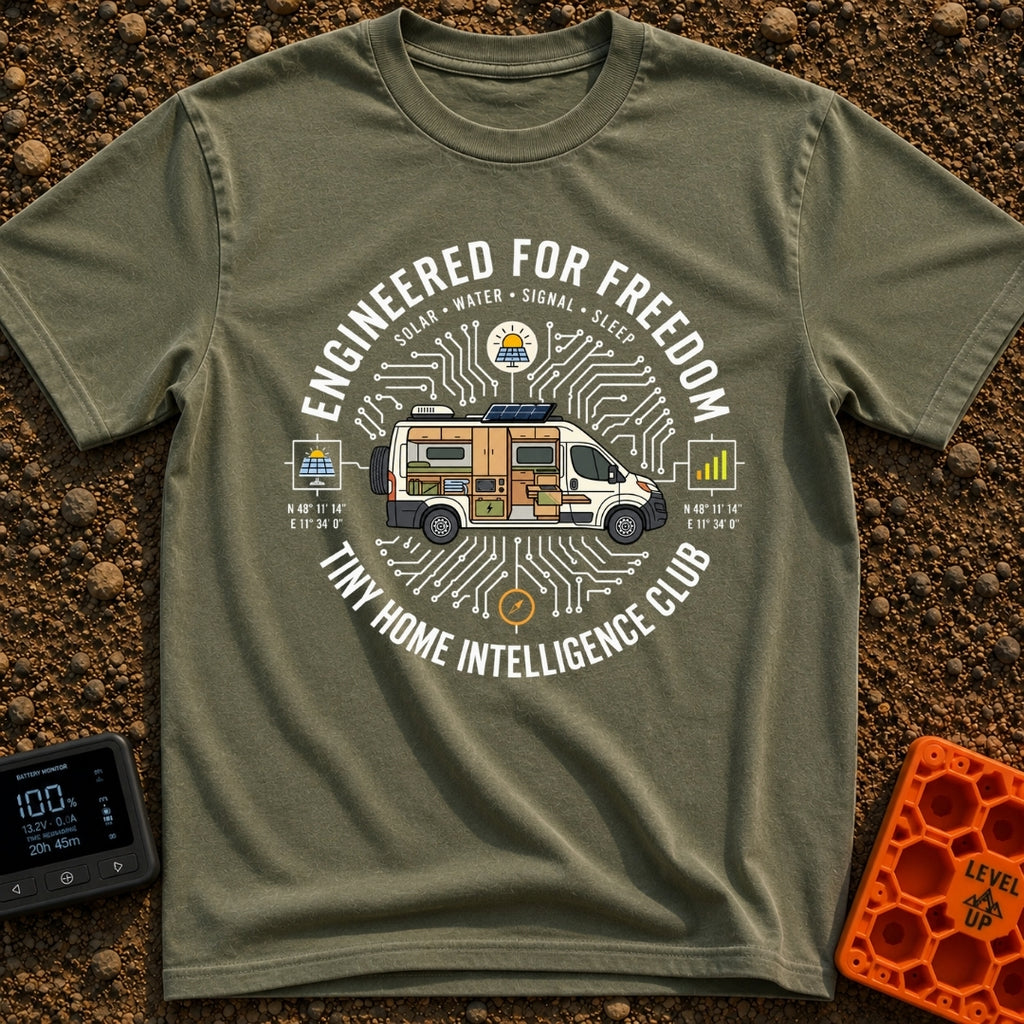 Tiny Home Intelligence Club - T-Shirt in Moss - A cutaway illustration of a camper van revealing its interior layout of...