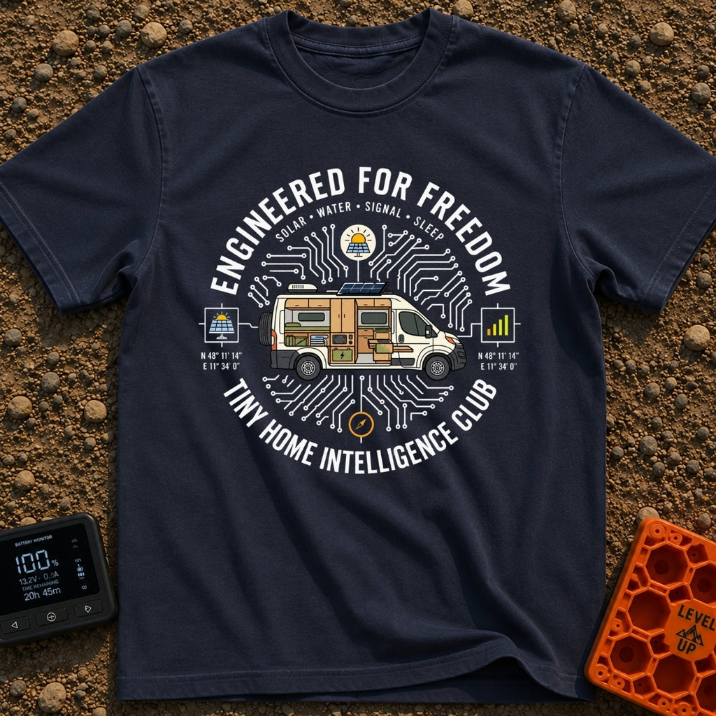 Tiny Home Intelligence Club - T-Shirt in Navy - A cutaway illustration of a camper van revealing its interior layout of...