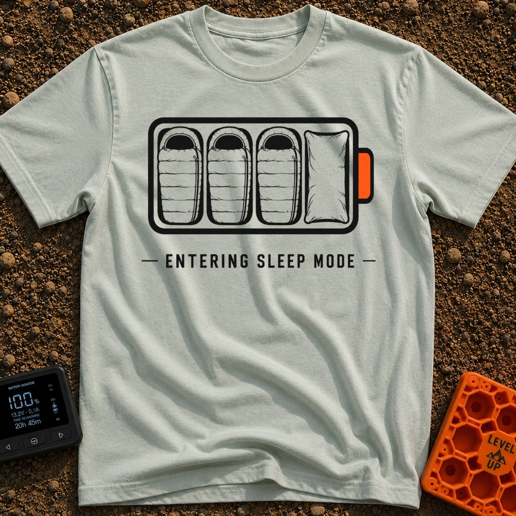 Entering Sleep Mode - T-Shirt in Bay - A graphic of a horizontal battery outline where the internal charge bars are...