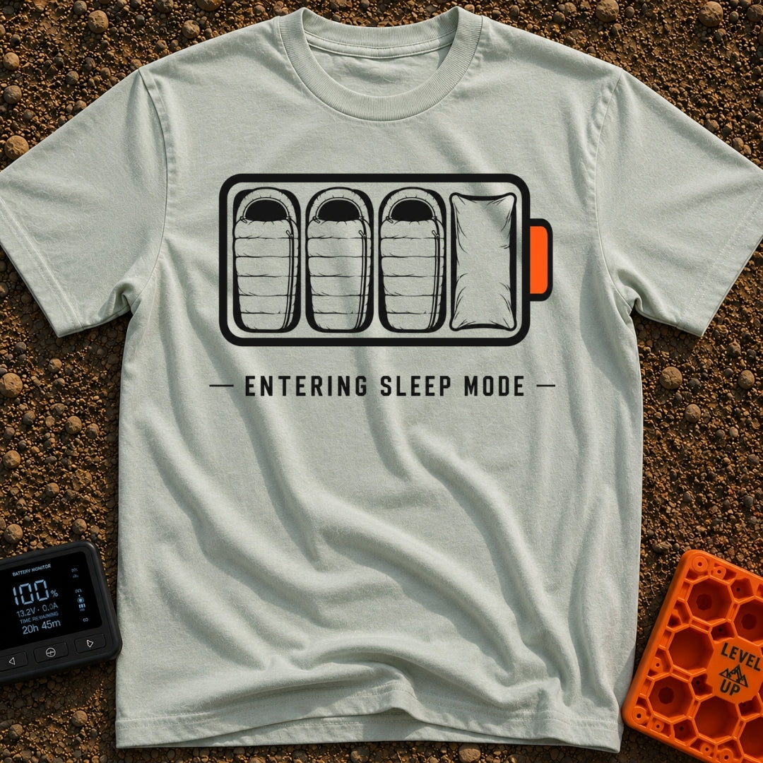 Entering Sleep Mode - T-Shirt in Bay - A graphic of a horizontal battery outline where the internal charge bars are...