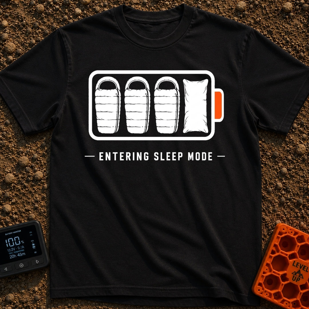 Entering Sleep Mode - T-Shirt in Black - A graphic of a horizontal battery outline where the internal charge bars are...