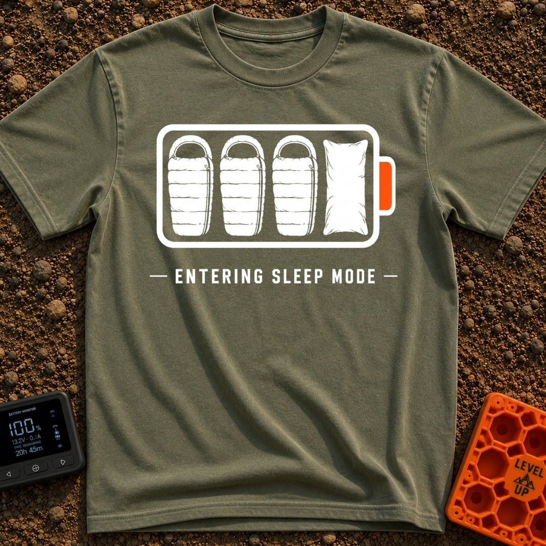 Entering Sleep Mode - T-Shirt in Moss - A graphic of a horizontal battery outline where the internal charge bars are...