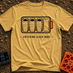 Entering Sleep Mode - T-Shirt in Mustard - A graphic of a horizontal battery outline where the internal charge bars are...