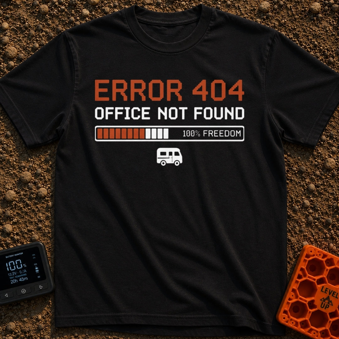 Office Not Found - T-Shirt in Black - Pixelated retro-style text reading 'ERROR 404 OFFICE NOT FOUND' above a loading bar...