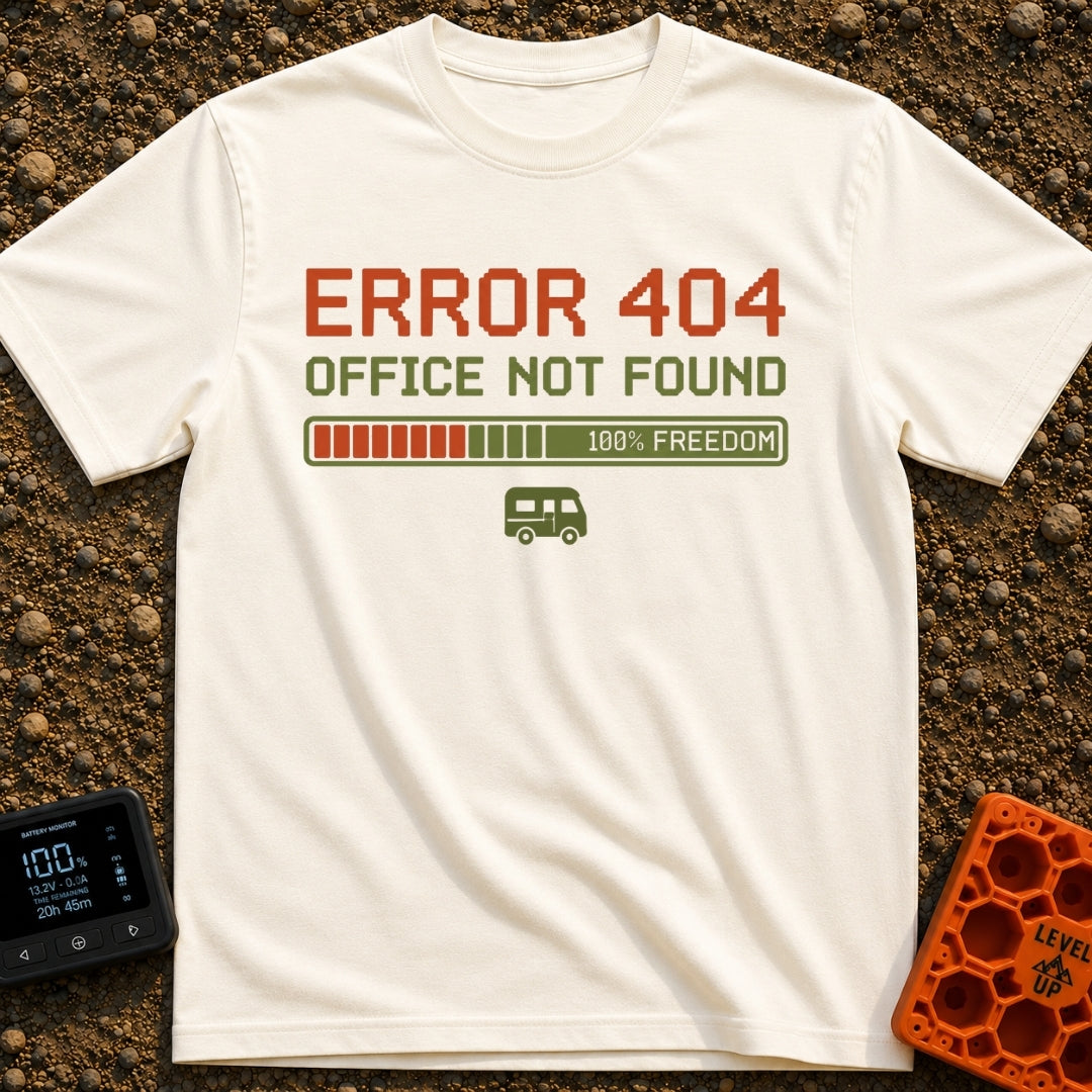 Office Not Found - T-Shirt in Ivory - Pixelated retro-style text reading 'ERROR 404 OFFICE NOT FOUND' above a loading bar...