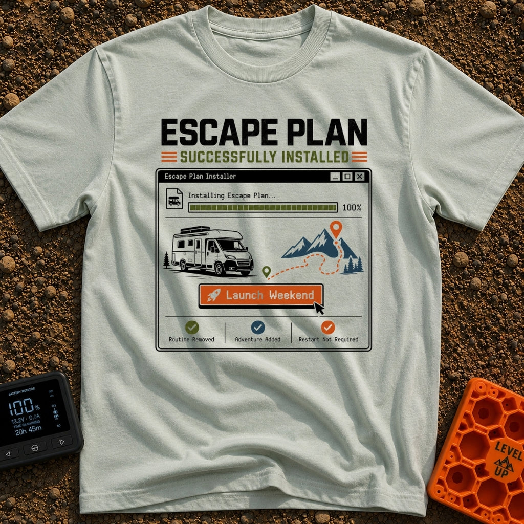 Escape Plan Installed - T-Shirt in Bay - A graphic styled like a computer software installer window showing a 100%...