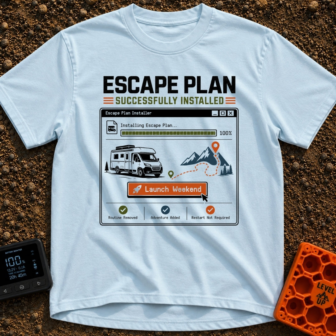 Escape Plan Installed - T-Shirt in Chambray - A graphic styled like a computer software installer window showing a 100%...