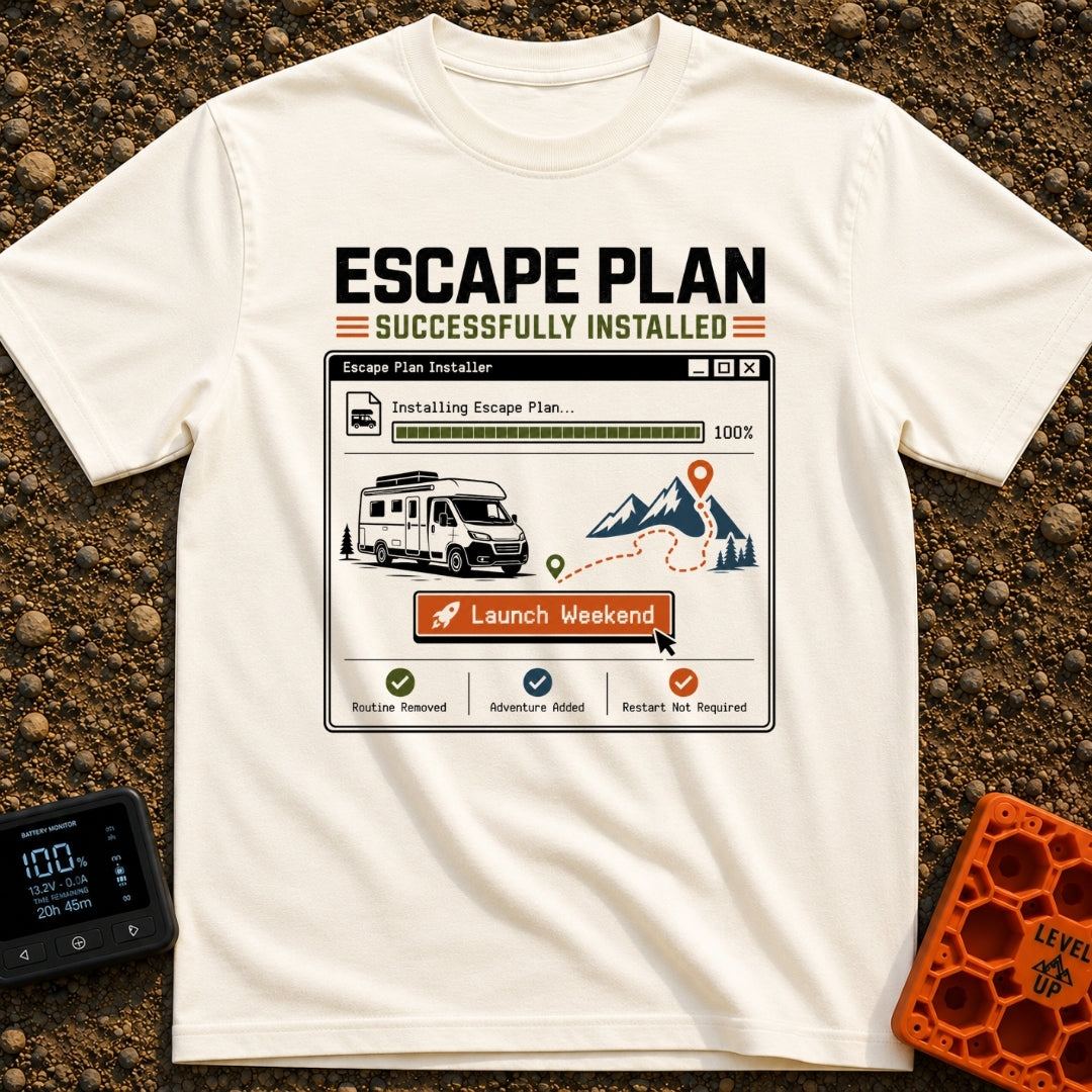 Escape Plan Installed - T-Shirt in Ivory - A graphic styled like a computer software installer window showing a 100%...