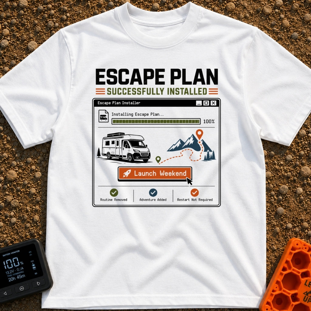 Escape Plan Installed - T-Shirt in White - A graphic styled like a computer software installer window showing a 100%...