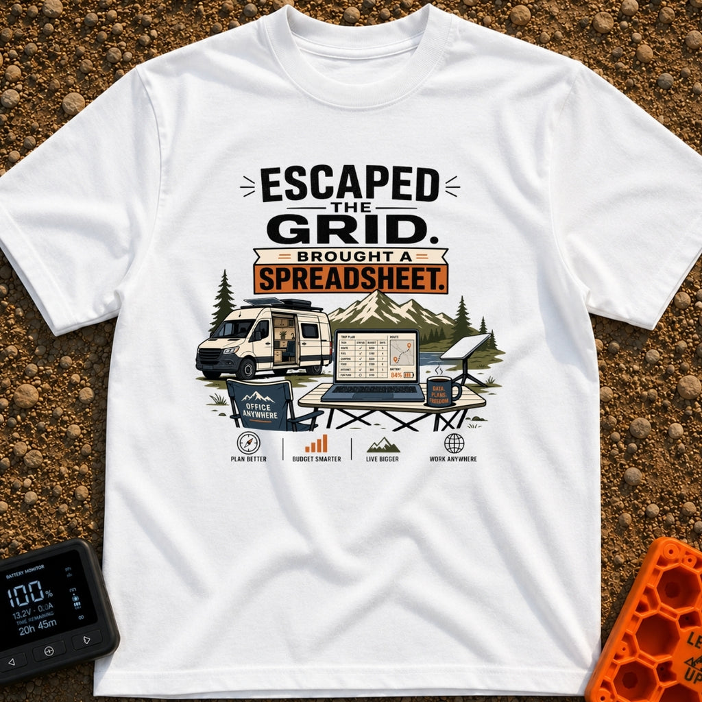 Escaped With My Spreadsheet - T-Shirt in White - A white campervan with an open side door and a roof-mounted solar panel...