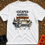 Escaped With My Spreadsheet - T-Shirt in White - A white campervan with an open side door and a roof-mounted solar panel...