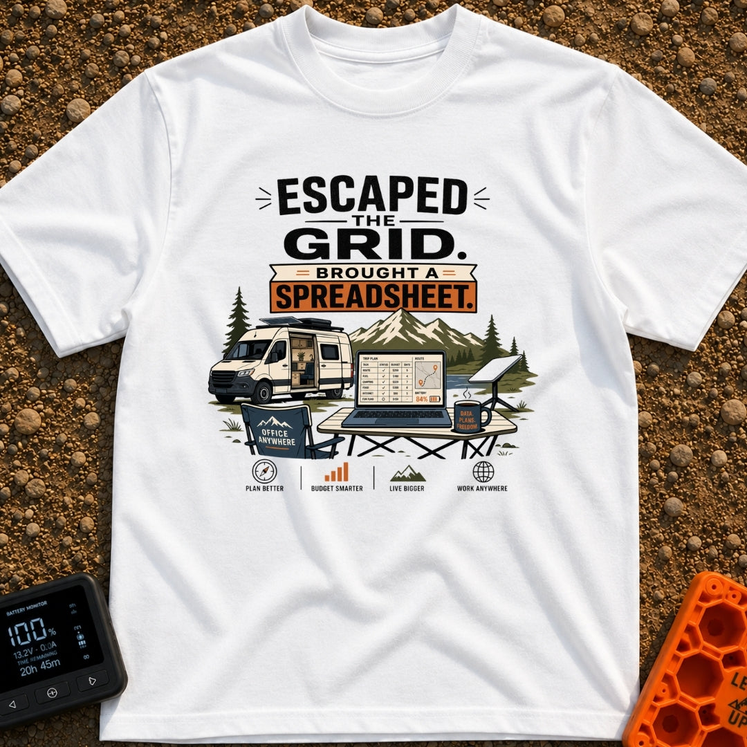 Escaped With My Spreadsheet - T-Shirt in White - A white campervan with an open side door and a roof-mounted solar panel...