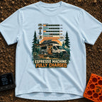 Espresso Fully Charged - T-Shirt in Chambray - A camper van with roof-mounted solar panels is parked in a mountain forest...
