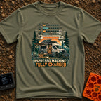 Espresso Fully Charged - T-Shirt in Moss - A camper van with roof-mounted solar panels is parked in a mountain forest...