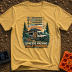 Espresso Fully Charged - T-Shirt in Mustard - A camper van with roof-mounted solar panels is parked in a mountain forest...