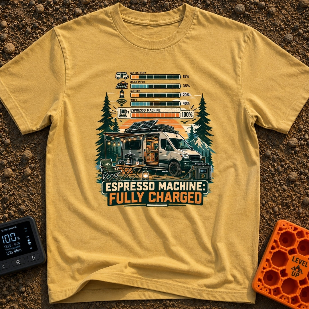 Espresso Fully Charged - T-Shirt in Mustard - A camper van with roof-mounted solar panels is parked in a mountain forest...