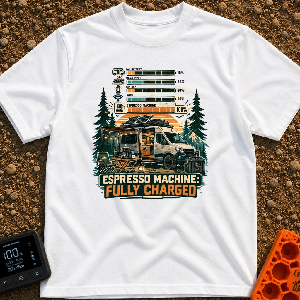 Espresso Fully Charged - T-Shirt in White - A camper van with roof-mounted solar panels is parked in a mountain forest...