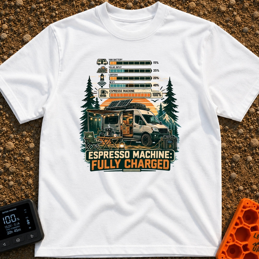 Espresso Fully Charged - T-Shirt in White - A camper van with roof-mounted solar panels is parked in a mountain forest...