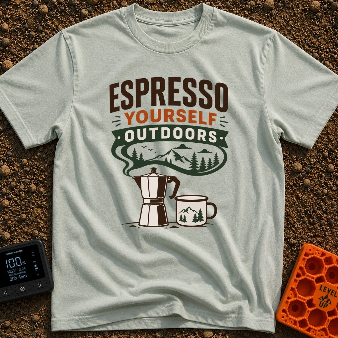 Espresso Your Wild Side - T-Shirt in Bay - A graphic of a stovetop moka pot and a camp mug below the text "ESPRESSO...
