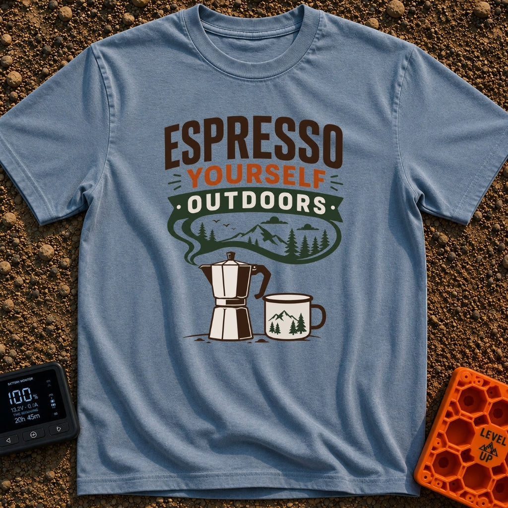 Espresso Your Wild Side - T-Shirt in Blue Jean - A graphic of a stovetop moka pot and a camp mug below the text "ESPRESSO...