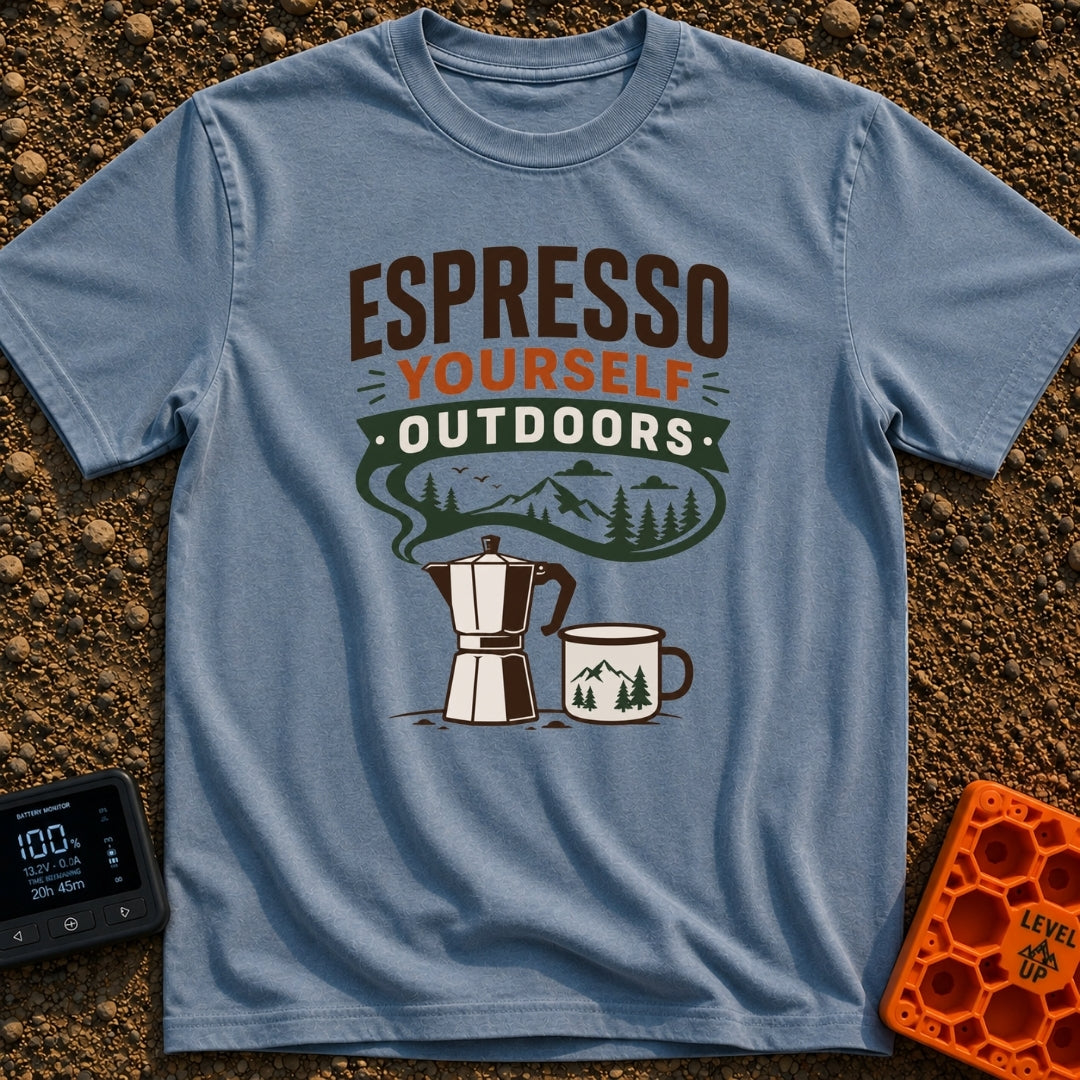 Espresso Your Wild Side - T-Shirt in Blue Jean - A graphic of a stovetop moka pot and a camp mug below the text "ESPRESSO...
