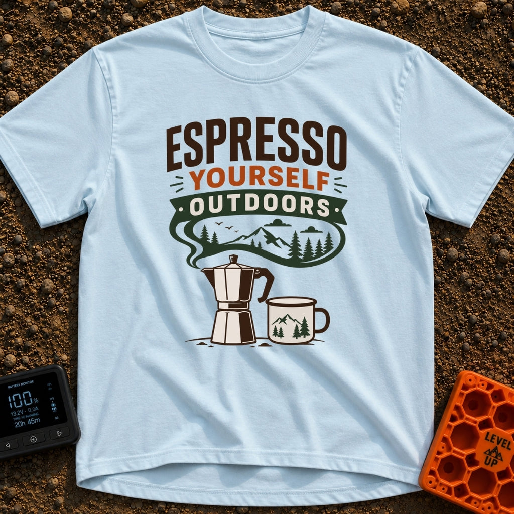 Espresso Your Wild Side - T-Shirt in Chambray - A graphic of a stovetop moka pot and a camp mug below the text "ESPRESSO...
