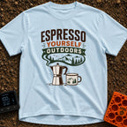 Espresso Your Wild Side - T-Shirt in Chambray - A graphic of a stovetop moka pot and a camp mug below the text "ESPRESSO...