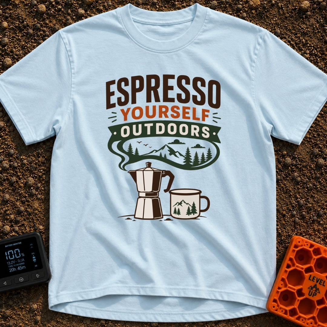 Espresso Your Wild Side - T-Shirt in Chambray - A graphic of a stovetop moka pot and a camp mug below the text "ESPRESSO...