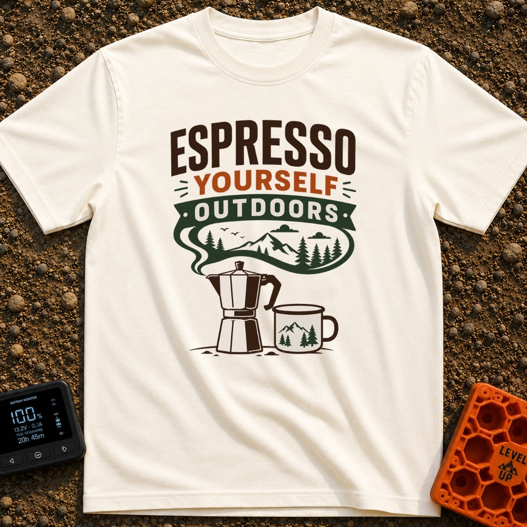 Espresso Your Wild Side - T-Shirt in Ivory - A graphic of a stovetop moka pot and a camp mug below the text "ESPRESSO...
