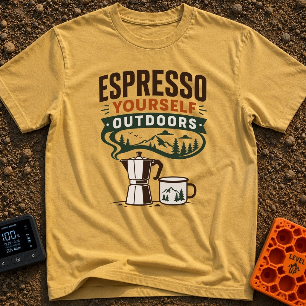 Espresso Your Wild Side - T-Shirt in Mustard - A graphic of a stovetop moka pot and a camp mug below the text "ESPRESSO...