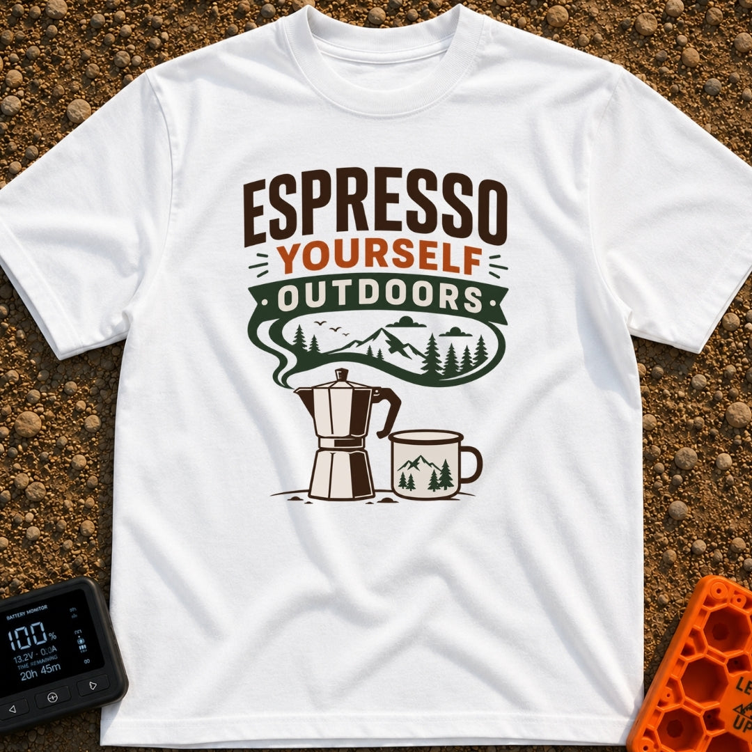 Espresso Your Wild Side - T-Shirt in White - A graphic of a stovetop moka pot and a camp mug below the text "ESPRESSO...
