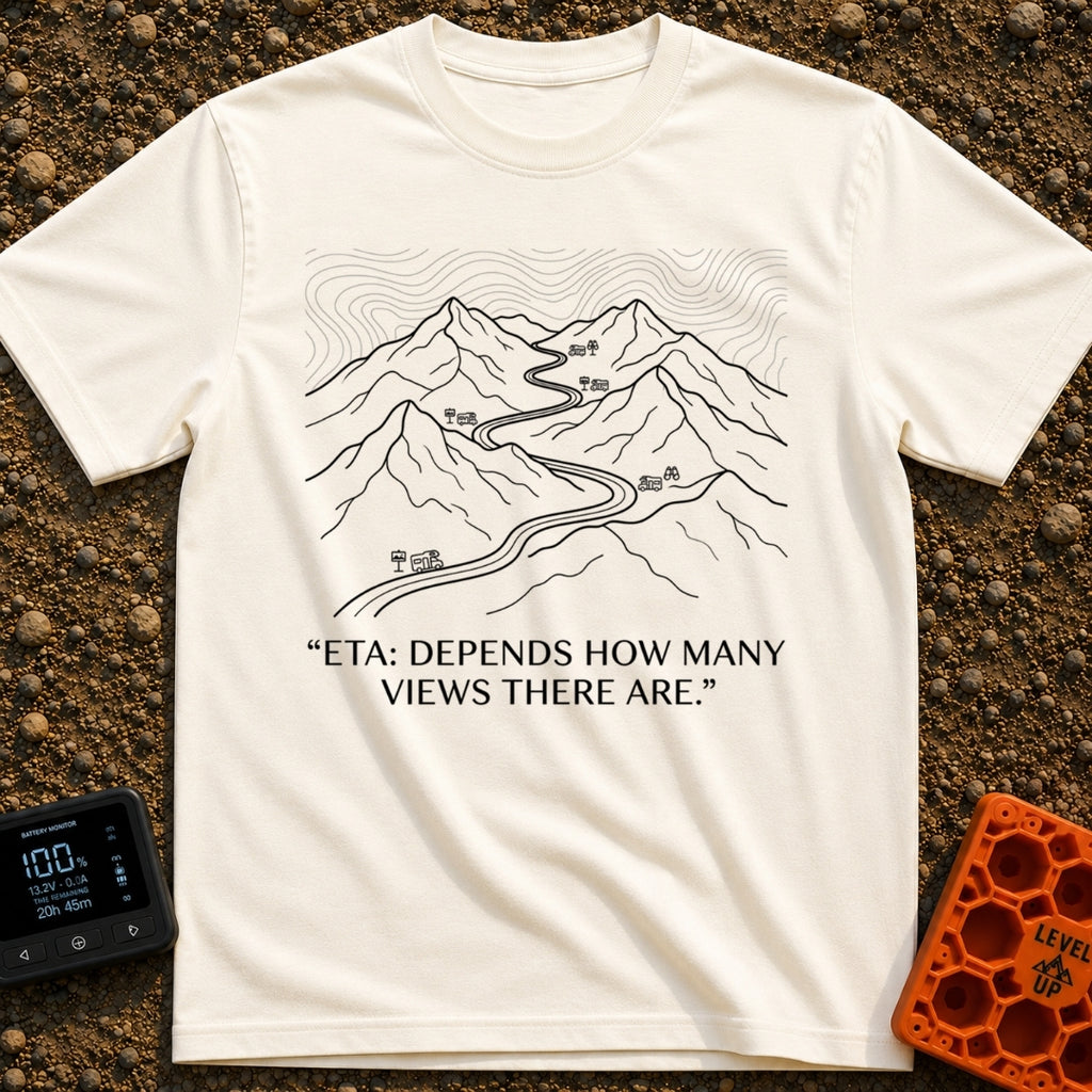ETA Depends On Views - T-Shirt in Ivory - A black and white line drawing of a winding road passing through mountains,...