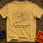 ETA Depends On Views - T-Shirt in Mustard - A black and white line drawing of a winding road passing through mountains,...