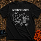 Squirrel Camp Commander - T-Shirt in Black - A white line drawing on a black background showing a squirrel wearing a...